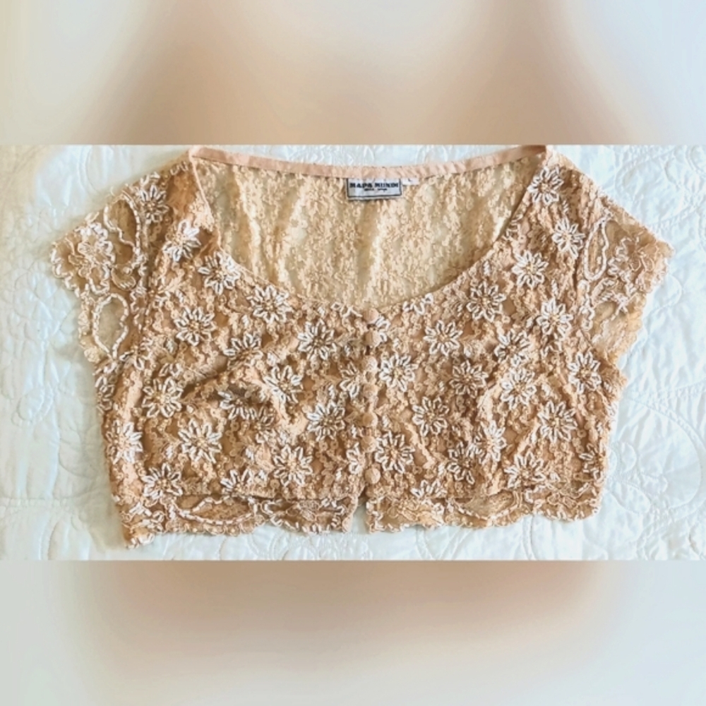Elegant Nude Lace Beaded  Evening Button Down Crop Top